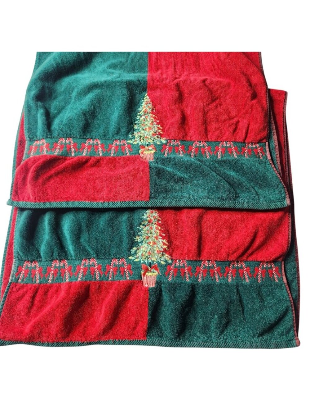 Vintage Christmas Trees Candy Canes Embroidered Bath Towels Set Of Two